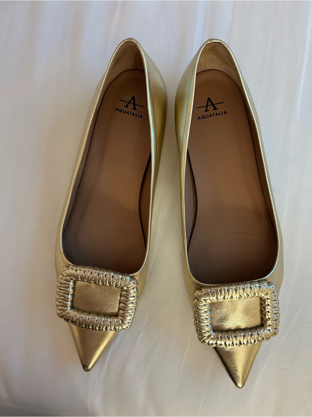 Aquatalia Metallic Gold Pointed-Toe Flats with Decorative Buckle - Picture 5 of 5
